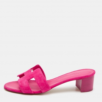 Pre Owned Hermes Pink Suede Oasis Slide Sandals Size 37.5