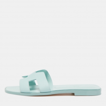 Pre Owned Hermes Light Blue Leather Oran Flat Slides Size 38