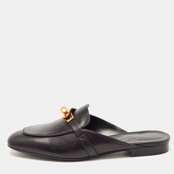 Pre Owned Hermes Black Leather Oz Flat Mules Size 38