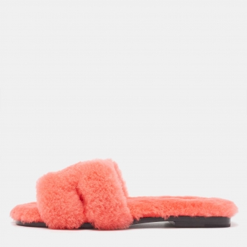 Pre Owned Hermes Pink Shearling Fur Flat Slides Size 37