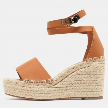 Pre Owned Hermes Beige/Brown Leather Espadrille Tipoli Sandals Size 37