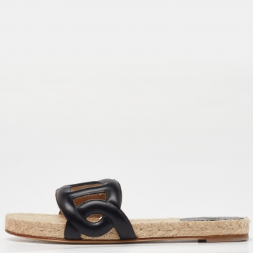 Pre Owned Hermes Black Leather Famosa Espradrille Flats Size 38