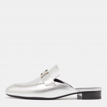 Pre Owned Hermes Silver Leather Trocadero Mules Size 38