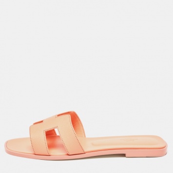 Pre Owned Hermes Coral Orange Leather Oran Flat Slides Size 41 