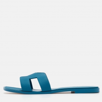 Pre Owned Hermes Blue Leather Oran Flat Slides Size 41 