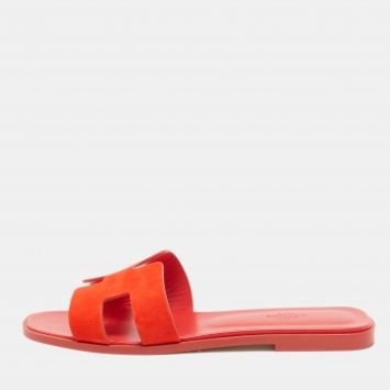 Pre Owned Hermes Red Suede Oran Flat Slides Size 41 