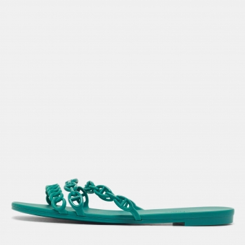 Pre Owned Hermes Green Rubber Chaine D'Ancre Rivage Flat Slides Size 40