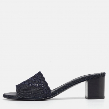 Pre Owned Hermes Navy Blue Denim Gwladys Slide Sandals Size 37