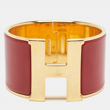 Pre Owned Hermes Clic Clac H Red Enamel Gold Plated Extra Wide Bracelet