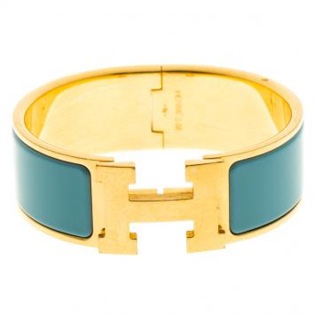 Pre Owned Hermes Clic Clac H Blue Enamel Gold-Plated Wide Bracelet PM