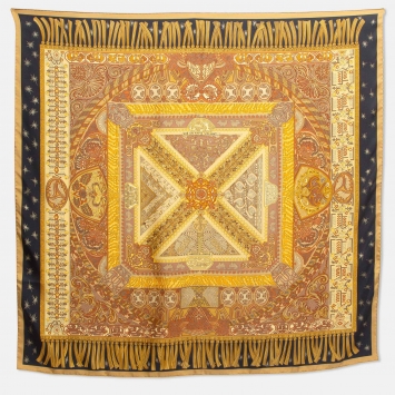 Pre Owned Hermès Yellow Printed Silk Sur Un Tapis Volant Square Scarf 