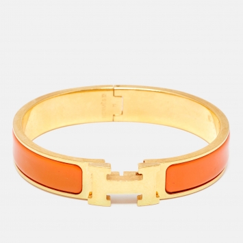 Pre Owned Hermes Clic H Orange Enamel Gold Plated Narrow Bracelet