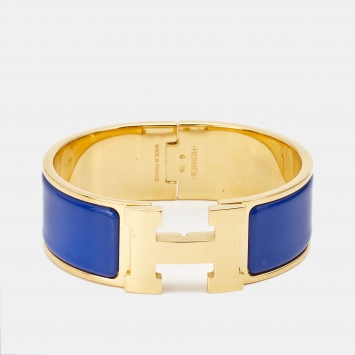 Pre Owned Hermes Clic Clac H Blue Enamel Gold Plated Bracelet