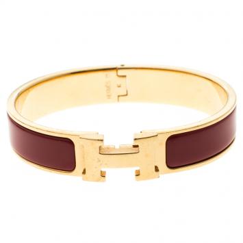 Pre Owned Hermes Clic Clac H Narrow Red Enamel Gold Plated Bracelet PM