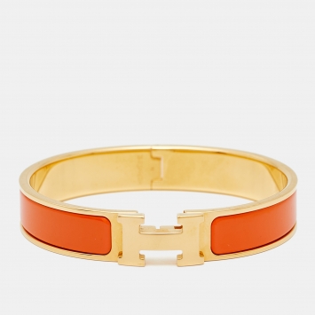 Pre Owned Hermès Clic H Orange Enamel Gold Plated Bracelet