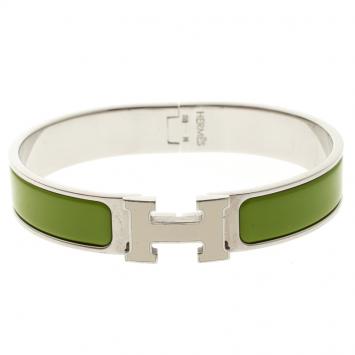 Pre Owned Hermes Clic Clac H Green Enamel & White Lacquered H Palladium Plated Narrow Bracelet GM
