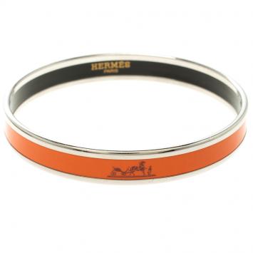 Pre Owned Hermes Caleche Orange Enamel Palladium Plated Narrow Bangle Bracelet