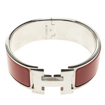 Pre Owned Hermes Clic Clac H Red Enamel Palladium Plated Wide Bracelet PM