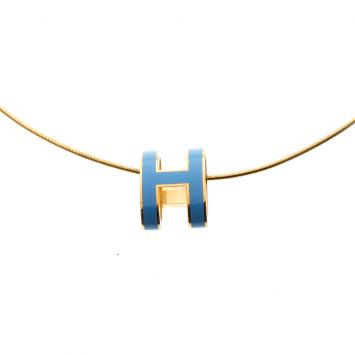 Pre Owned Hermes Pop H Blue Lacquer Gold Plated Pendant Necklace 