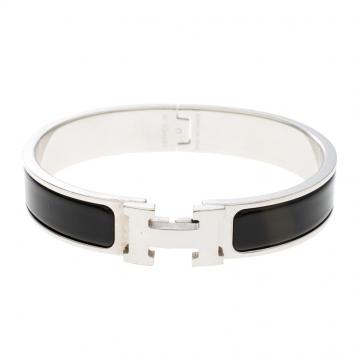 Pre Owned Hermes Clic Clac H Black Enamel Palladium Plated Narrow Bracelet