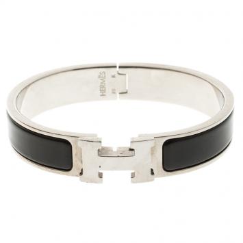 Pre Owned Hermes Clic Clac H Black Enamel Palladium Plated Narrow Bracelet PM
