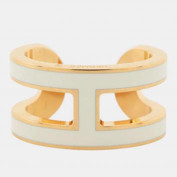 Pre Owned Hermes Pop H Blanc Lacquered Metal Yellow Gold Plated Ear Cuff