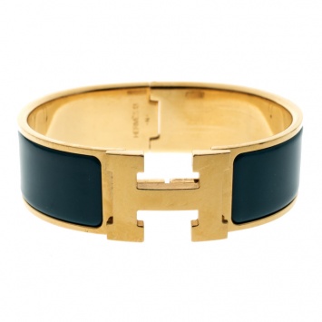 Pre Owned Hermes Clic Clac H Blue Enamel Gold Plated Wide Bracelet GM