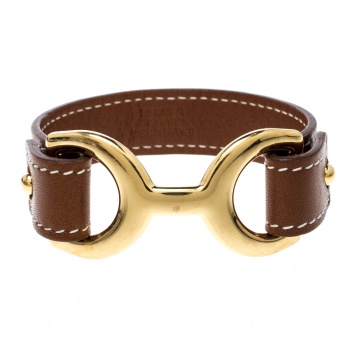 Pre Owned Hermes Pavane Brown Leather Gold Plated Bracelet L