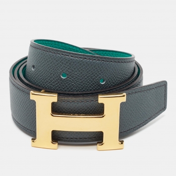 Pre Owned Hermès H 85 CM Reversible Buckle Belt Bleu Orage/Vert Jade Epsom Leather