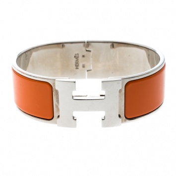 Pre Owned Hermes Clic Clac H Orange Enamel Palladium Plated Wide Bracelet GM