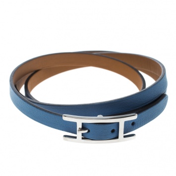 Pre Owned Hermes Hapi 3 Blue Brighton Leather Palladium Plated Wrap Bracelet M