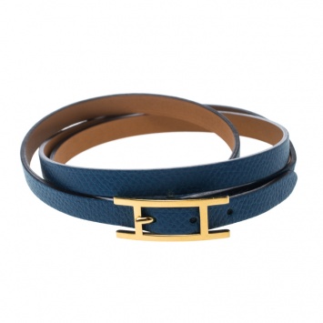 Pre Owned Hermes Hapi 3 Blue Leather Gold Plated Wrap Bracelet M