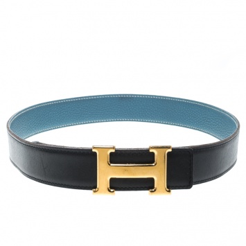 Pre Owned Hermès Black/Blue Leather Reversible Gold Metal Finished H Buckle Belt 75cm