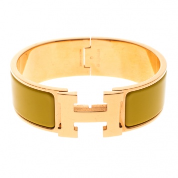 Pre Owned Hermes Clic Clac H Sun Yellow Enamel Gold Plated Wide Bracelet GM