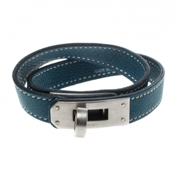 Pre Owned Hermes Kelly Double Tour Blue Leather Palladium Plated Wrap Bracelet
