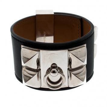 Pre Owned Hermès Collier de Chien Black Leather Palladium Plated Wide Bracelet S
