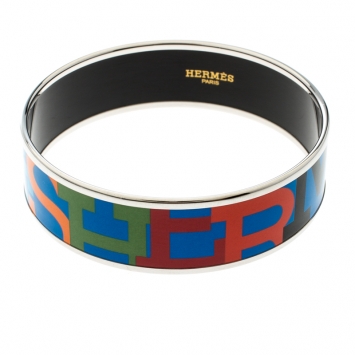 Pre Owned Hermes Capitales Multicolored Enamel Palladium Plated Wide Bracelet
