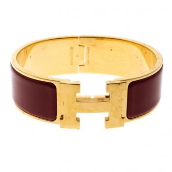 Pre Owned Hermes Clic Clac H Red Enamel Gold Plated Wide Bracelet GM