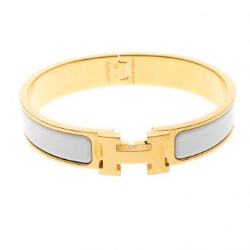 Pre Owned Hermes Clic Clac H White Enamel Gold Plated Narrow Bracelet PM