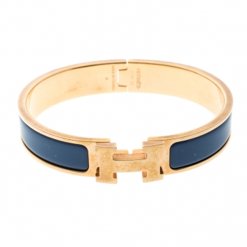 Pre Owned Hermes Clic Clac H Blue Enamel Gold Plated Narrow Bracelet PM