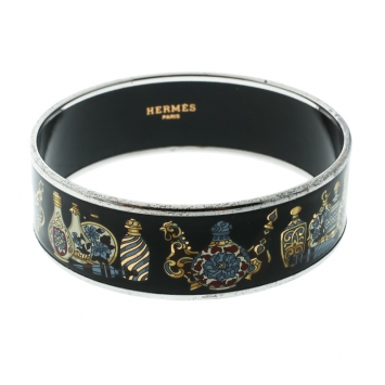 Pre Owned Hermès Black Perfume Bottle Print Enamel Palladium Plated Wide Bangle Bracelet
