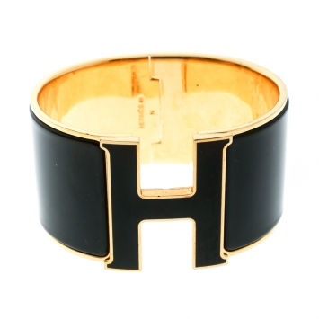 Pre Owned Hermes Clic Clac H Black Enamel Gold Plated Extra Wide Bracelet GM