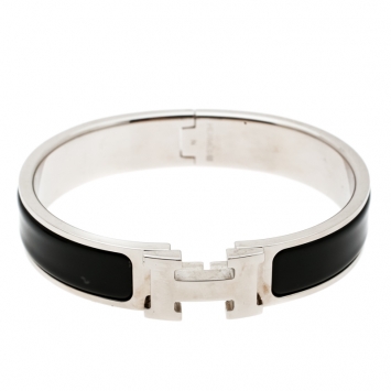 Pre Owned Hermes Clic Clac H Black Enamel Palladium Plated Narrow Bracelet PM