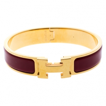 Pre Owned Hermes Clic Clac H Rouge de Chine Enamel Gold Plated Narrow Bracelet PM