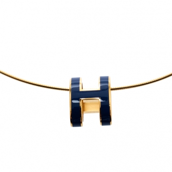 Pre Owned Hermes Pop H Royal Blue Lacquer Gold Plated Pendant Necklace 
