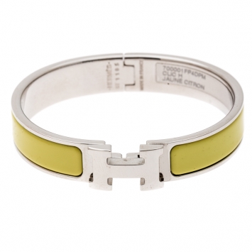 Pre Owned Hermes Clic-Clac H Citron Yellow Enamel Palladium Plated Narrow Bracelet PM