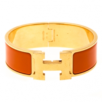 Pre Owned Hermes Clic Clac H Orange Enamel Gold Plated Wide Bracelet GM