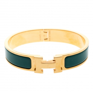 Pre Owned Hermes Clic Clac H Verona Green Enamel Gold Plated Narrow Bracelet PM