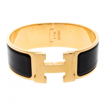 Pre Owned Hermes Clic Clac H Black Enamel Gold Plated Wide Bracelet PM