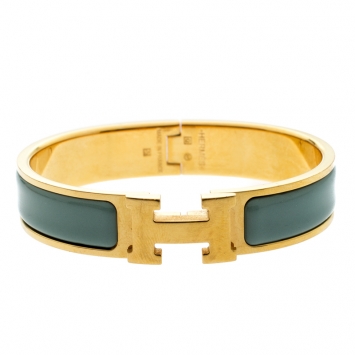 Pre Owned Hermes Clic H Aqua Blue Enamel Gold Plated Bracelet PM